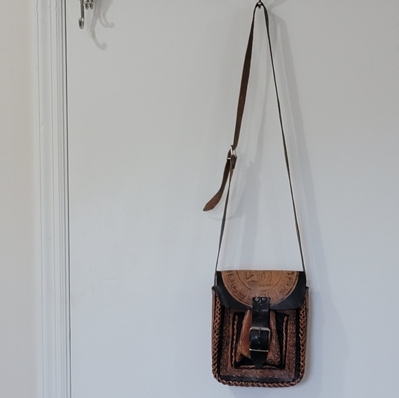 Handmade Tooled Leather Crossbody Satchel Bag Black Brown Made in Mexico - Picture 5 of 16